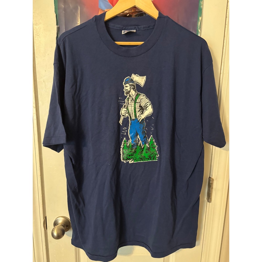 Vintage Hanes 80s  Paul Bunyan Lumberjack Graphic T-Shirt Navy Blue XL